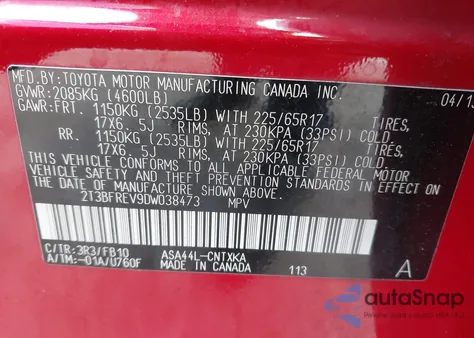 2013 Toyota Rav4 Le z USA, uszkodzony, nr VIN 2T3BFREV9DW038473